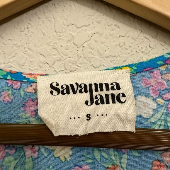 SAVANNA JANE Embroidered Babydoll Top Blue Floral Flutter Sleeve Boho - Picture 5 of 7